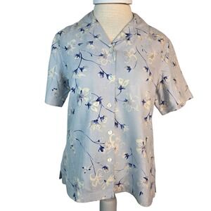 Vintage Bobby Chan Women's 100% Silk‎ Floral Camp Shirt Medium Short Sleeve Blue